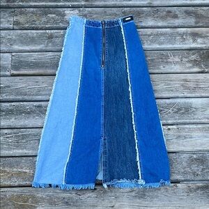 NWOT Red Jeans Distressed Patchwork Blue Jean Denim Maxi Skirt